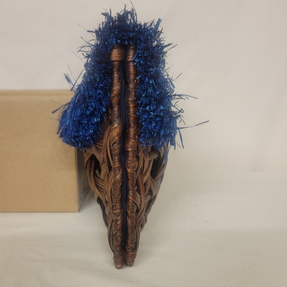 Anthropology Vincent Pradier Rattan Blue Fringe Wicker Clutch Woven Wood Straw - Picture 7 of 9